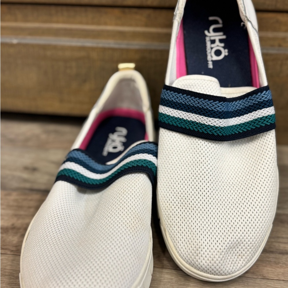 RYKA HAZE Surround Fit Slip-On Sneaker White Mesh/leather Striped Strap Sz 8.5 M - Picture 1 of 7